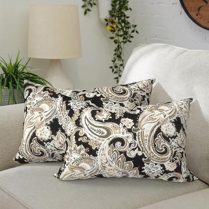 DYTXIII Pack of 2 Outdoor Waterproof Lumbar Pillow Covers ONLY, 12x20 Rectangle Decorative Double Printed Pillow Cases for Patio Couch Porch Furniture - Paisley Black