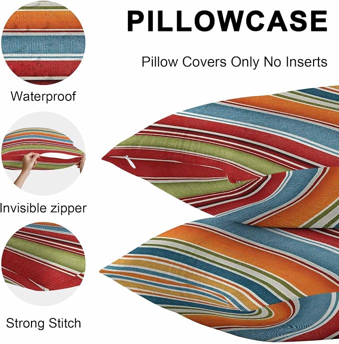Outdoor Waterproof Pillow Covers for Patio Modern Red Orange Blue Stripes Decorative Throw Pillow Cover Abstract Fabric Stripes Pillowcases Set of 2 Cushion Case for Sofa Couch Chair 20x20 Inch