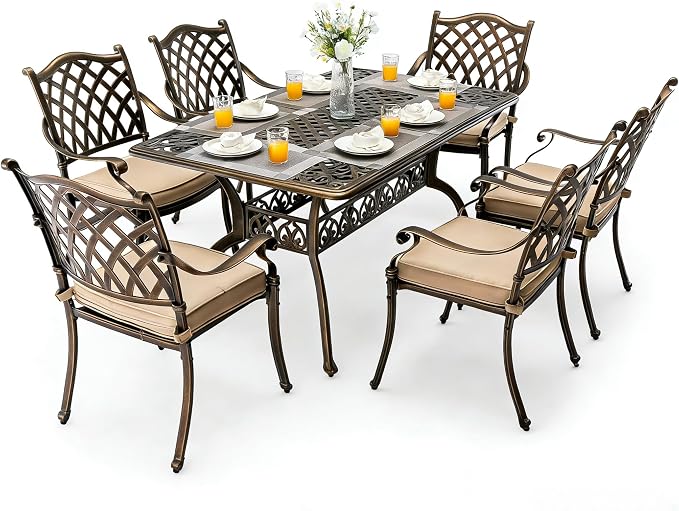 7 Piece Outdoor Dining Set Cast Aluminum, Retro Patio Dining Set for 6 Includes 59” Rectangular Table with Thicker Cushions and Umbrella Hole for Patio Deck Garden