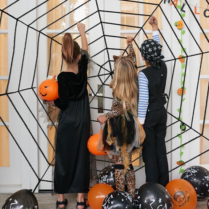 12 FT 9-Ring Spider Web Halloween Decorations, Giant Rope Fake Spider Web for Scary Haunted House, Outdoor Yard, Porch, Wall, and Spooky Trick-or-Treat Hanging Party Decor (Black)