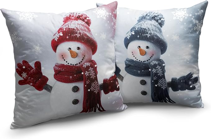 Navy Blue and Red Snowman Pillow Covers 18x18 Set of 2 Winter Holiday Decorative Pillow Covers Cotton Linen Throw Pillow Case for Christmas Decorations Living Room Sofa