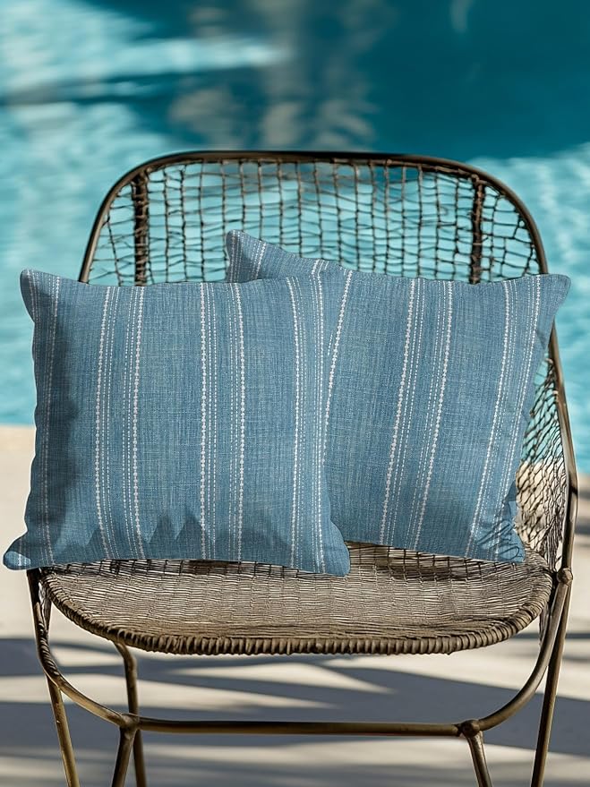 Waterproof Outdoor Pillow Set of 2 Coastal Blue Linen Stripes Decorative Throw Pillows Cover & Insert 16x16 Inch Pillowcase Parallel Vertical Lines Pillows for Couch Sofa Bed Patio Furniture
