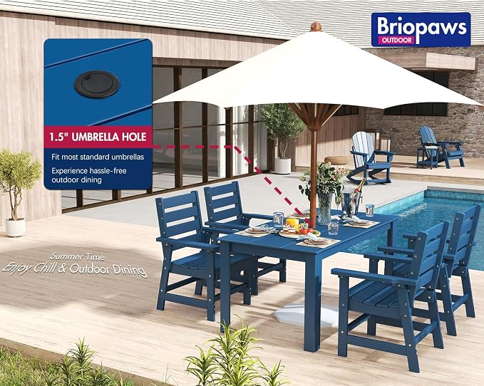 BRIOPAWS Outdoor Dining Table | HDPE | 67” Patio Rectangle Tables | All Weather | Umbrella Hole | Patio Furniture Set for 4-6 Person | Blue