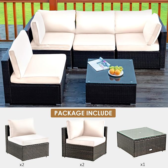 Tangkula 5 Pieces Patio Furniture Set, All Weather Wicker L-Shaped Corner Sofa Set w/Soft Cushions, Outdoor Sectional Conversation Couch Set w/Glass Table for Backyard Garden Poolside (White)