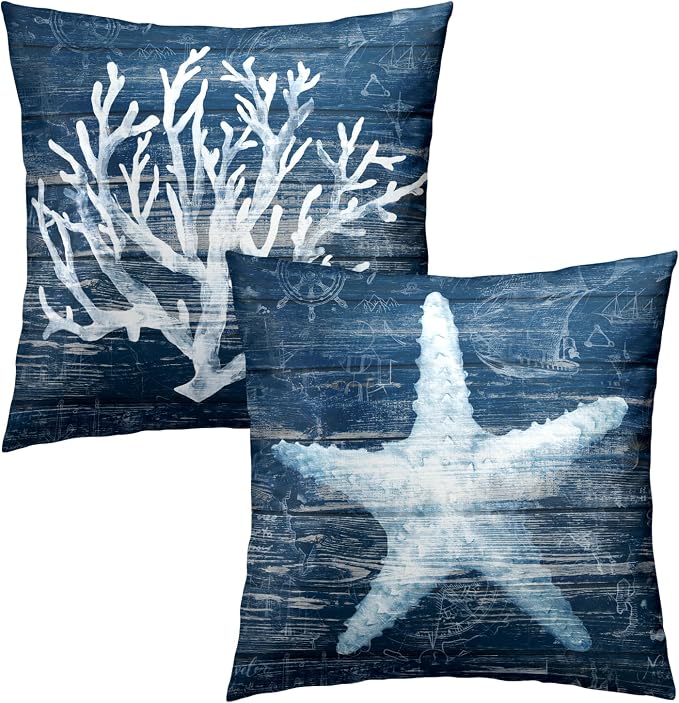 Nautical Coral Starfish Pillow Covers 22x22 Inch, Set of 2 Summer Coastal Beach Navy Blue Wood Cotton Square Pillowcases for Couch Bed Sofa Ocean Themed Seasonal Decoration