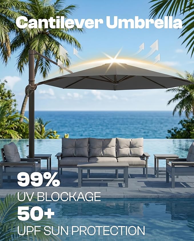 11 FT Round Cantilever Umbrella,Easy Tilt, Fade Resistant & 360° Rotation, Offset for Pool Deck Backyard Patiocharcoal gray (Base not Included)