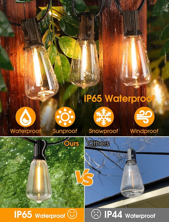 50FT(2x25FT) Outdoor String Lights, Patio Lights with 20+2 LED Dimmable Waterproof ST38 Vintage Bulbs for Backyard Bistro Cafe Deck, Black