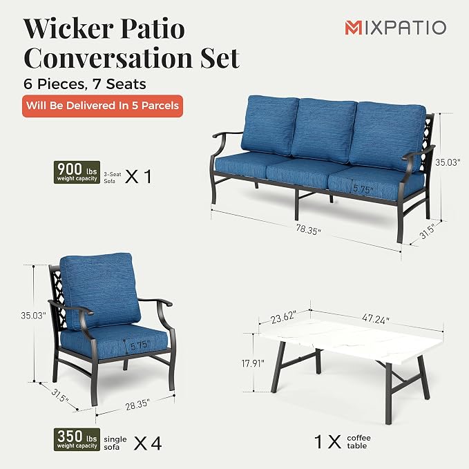 MIXPATIO Patio Furniture Set 6 pcs, Outdoor Patio Furniture, 1 X 3-Seat Sofa, 4 X Single Chairs, 1 X Coffee Table and 5.75" Extra Thick Cushion, Patio Conversation Set,Gemstone Blue