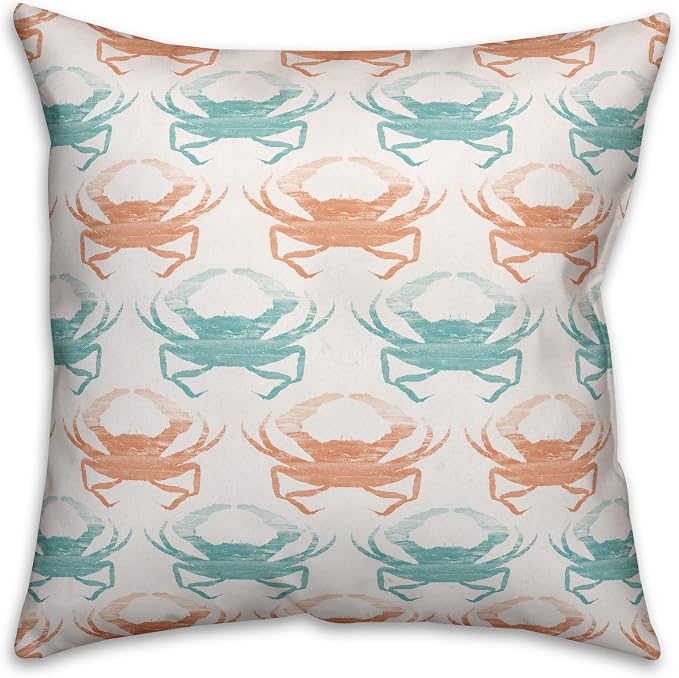 Teal and Coral Crab Indoor/Outdoor Pillow | Decorative Pillows for Living Room Couch Bed Sofa Patio, Fluffy Soft Cushion | Water Resistant Orange, 18x18