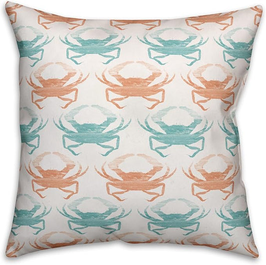 Teal and Coral Crab Indoor/Outdoor Pillow | Decorative Pillows for Living Room Couch Bed Sofa Patio, Fluffy Soft Cushion | Water Resistant Orange, 18x18