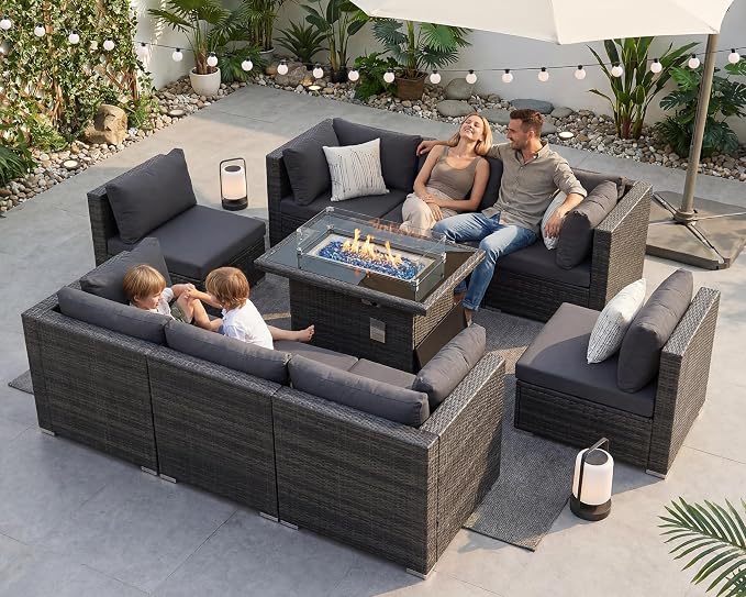 BULEXYARD 9 Piece High Back Outdoor Sectional Seating with Fire Pit Table, Heavy Duty Sturdy Wicker Patio Set Conversation Couch Sofa, Extra Wide Deep Large 8-Person Deck Furniture for Outside, Grey