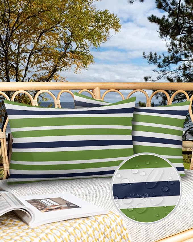 Outdoor Waterproof Lumbar Throw Pillow Covers Set of 2 Navy Blue Green Stripes Decorative Outdoor Pillows Cushion Case 20x12 Inch Classic Striped Patio Pillows for Couch Sofa Bed Garden Home Decor