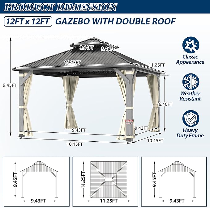 COVERONICS 12'x12' Outdoor Wood Gazebo - Hardtop Wooden Gazebo with Galvanized Steel Roof, Heavy-Duty Pavilion with Netting & Curtains for Garden, Poolside, Deck, Backyard
