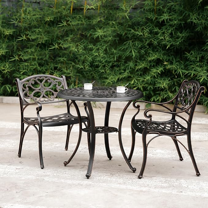 3 Piece Outdoor Dining Set,Cast Aluminum Bistro Set with Umbrella Hole, All Weather Patio Furniture Set, Small Patio Dining Set for Garden/Balcony/Deck Bronze (Flower Backrest)