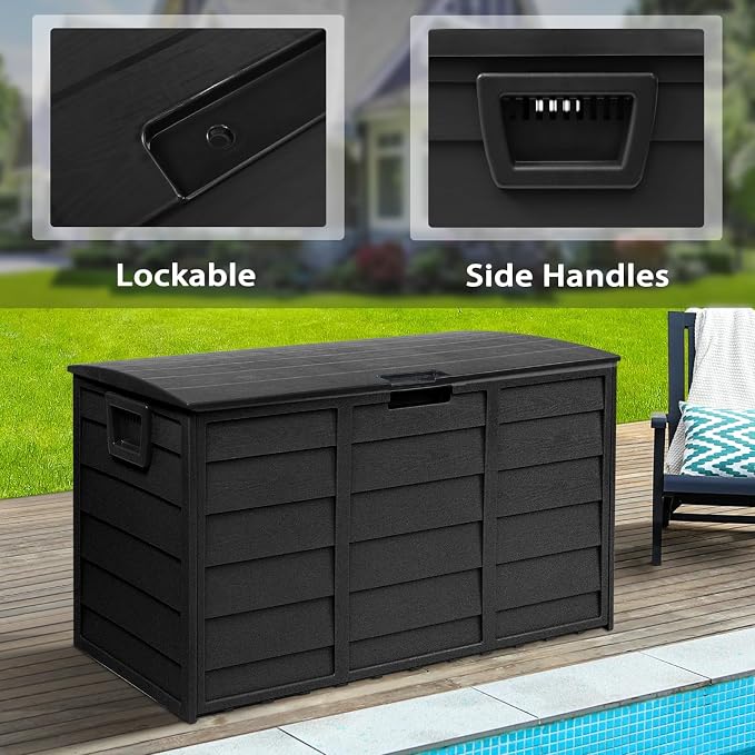 Crownland 75 Gallon Outdoor Storage Deck Box Patio Sun-proof Woodgrain Patio Storage Box for Patio, Garden, Balcony,Black