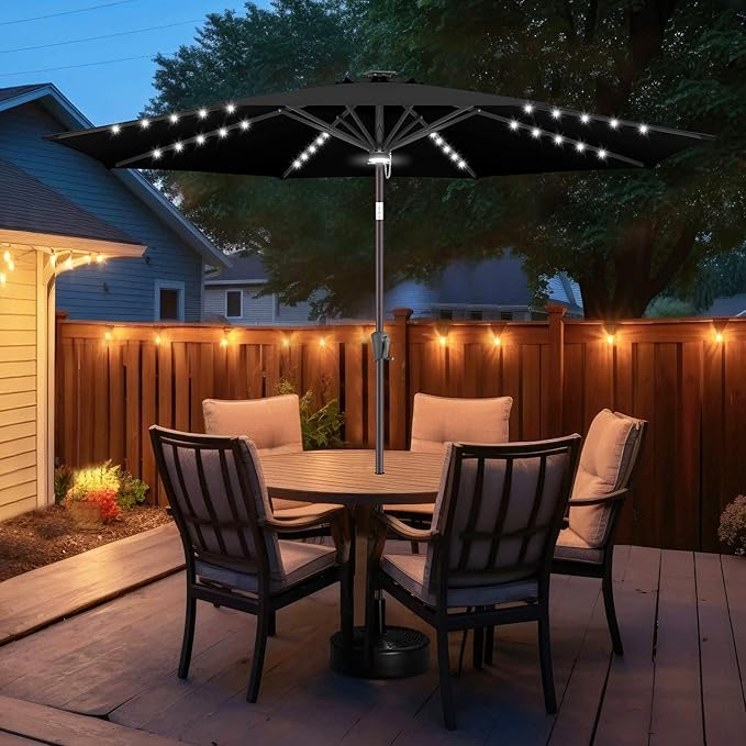 FLAME&SHADE 11 FT Solar Light Patio Umbrella, 40 LED Lights Outdoor Umbrella with Centre Surround Light, Table Market Umbrella for Deck, Pool, Porch, Backyard, Garden, UV Protection, Black