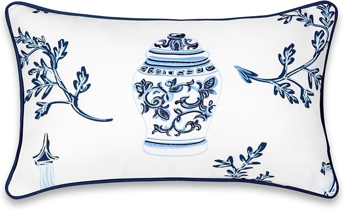 Hofdeco Premium Coastal Patio Indoor Outdoor Lumbar Pillow Cover Only, 12"x20" Water Repellent for Backyard, Couch, Navy Blue Chinoiserie with Piping (Pack of 2)