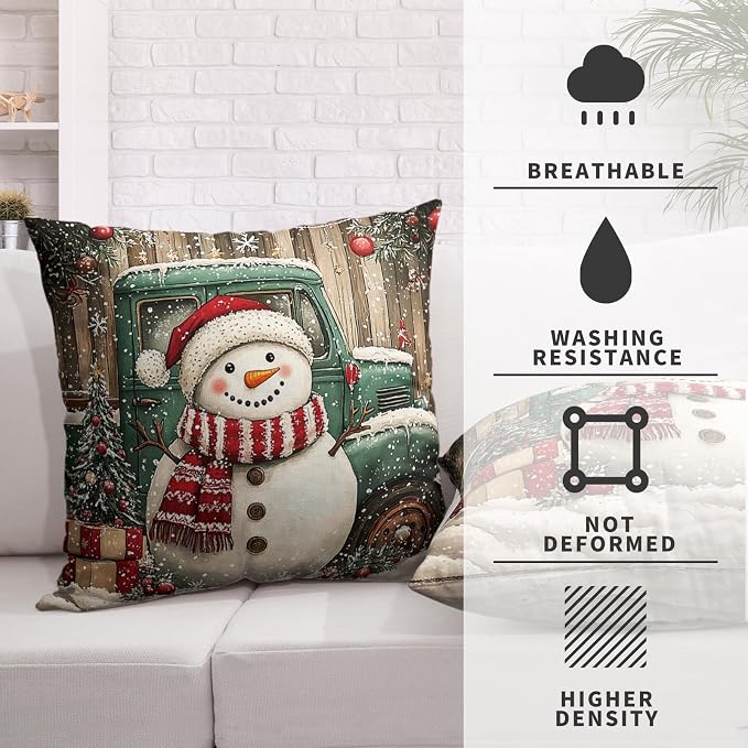 Christmas Snowman Pillow Covers 20x20 Set of 2 Green Xmas Truck Throw Pillow Covers Wooden Pattern Background Pillowcase Winter Holiday Cushion Case for Living Room Sofa Couch