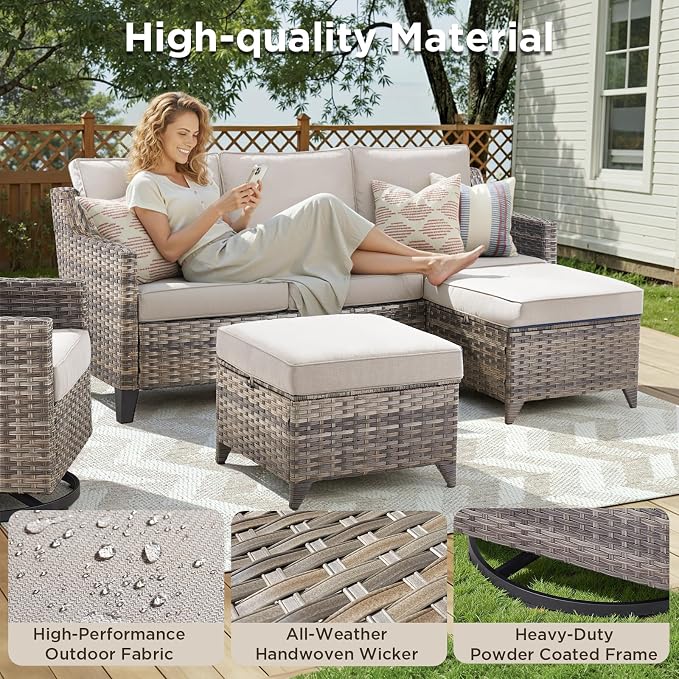 Patio Furniture Set with 42.5" Fire Pit Table-6 Pieces All Weather Wicker Outdoor Furniture with High Back Wicker Patio Chairs Set of 2 Outdoor Couch for Deck Backyard Beige/Gray