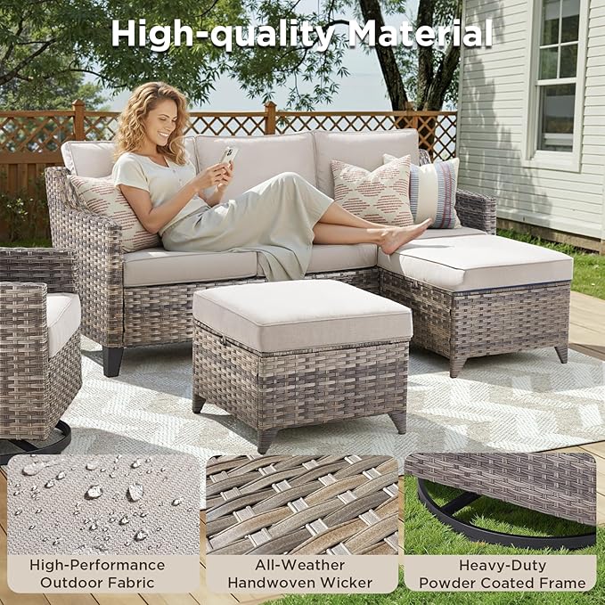 Patio Furniture Set with 42.5" Fire Pit Table-6 Pieces All Weather Wicker Outdoor Furniture with High Back Swivel Patio Chairs Set of 2 Outdoor Couch for Deck Backyard Beige/Gray