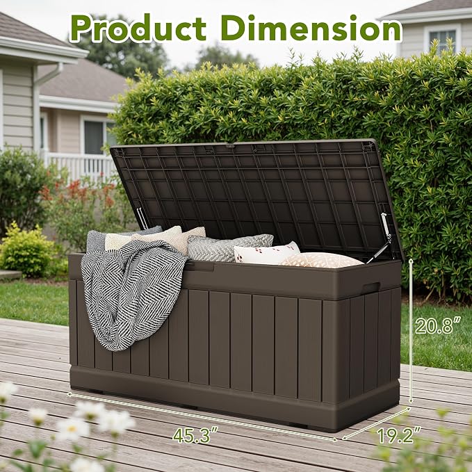 Devoko 78 Gallon Deck Box, Waterproof Resin Outdoor Storage Box for Outside and Patio, Outdoor Storage Bench Lockable for Patio Furniture, Garden Tools and Pool Supplies (Brown, 78 Gallon)