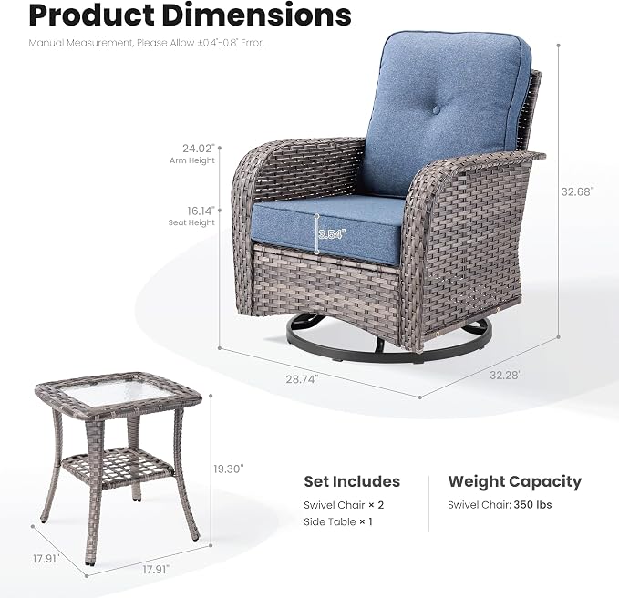 ovios 3-Piece Patio Furniture Set, Outdoor Wicker Sofa with Swivel Chairs, High Back Rattan Gliders Rocker with Comfy Cushions for Porch Yard Deck, Denim Blue