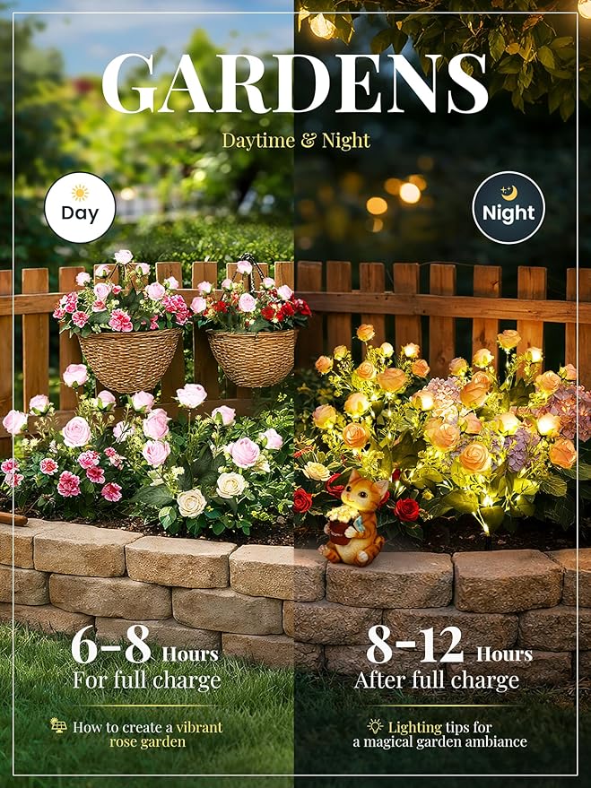 GIGALUMI Solar Lights Outdoor for Garden Decor, 2 Pack Solar Flower Lights Waterproof, 2 Lighting Modes 14 Roses for Pathway,Yard, Patio Decoration, Gardening Gifts for Women (Pink)