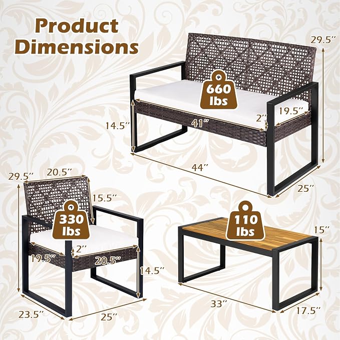 Tangkula 4-Piece Patio Conversation Set, Outdoor Furniture Set w/2 Single Chairs, Cushioned Loveseat & Acacia Wood Coffee Table, PE Wicker Seating Set w/Metal Frame & Adjustable Feet for Yard (Brown)