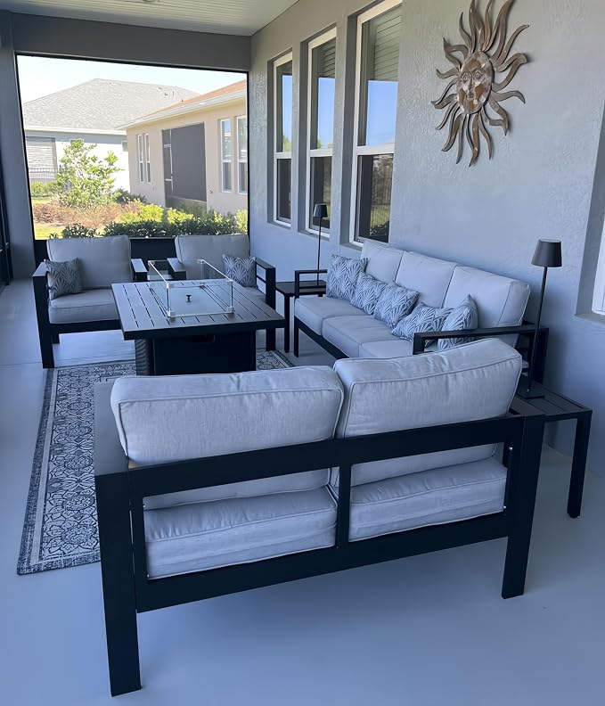 LayinSun Aluminum Furniture Set with Fire Pit Table, 4 Pieces Patio Sectional Conversation Chat Sofa Modern Seating Set