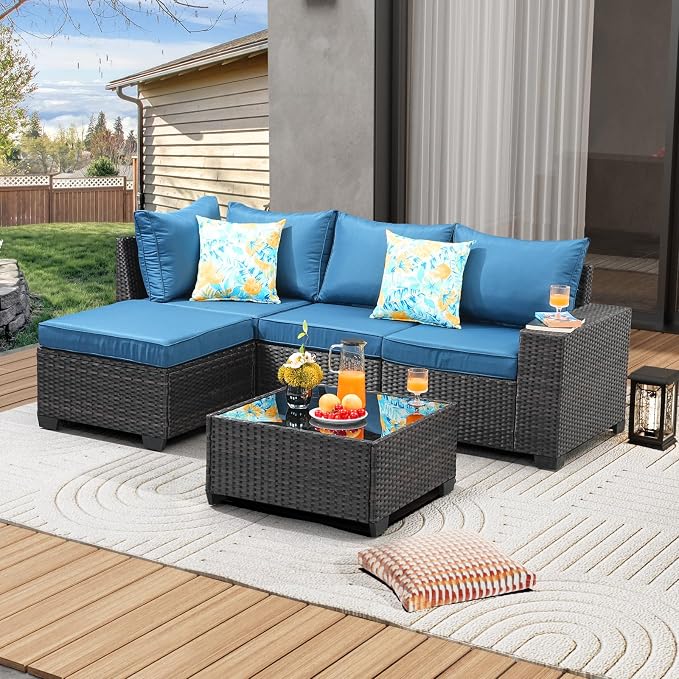 JOYURE 5 Pieces Patio Furniture Set All-Weather Outdoor Wicker Sectional Conversation Sofa Rattan Patio Seating Sofa with Cushion and Glass Table and Ottoman for Porch Poolside,Peacock Blue
