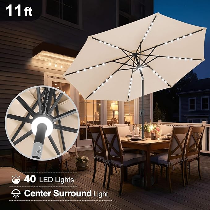 FLAME&SHADE 11 FT Solar Light Patio Umbrella, 40 LED lights outdoor umbrella with Centre Surround Light, Table Market Umbrella for Deck, Pool, Porch, Backyard, Garden, UV Protection, Beige