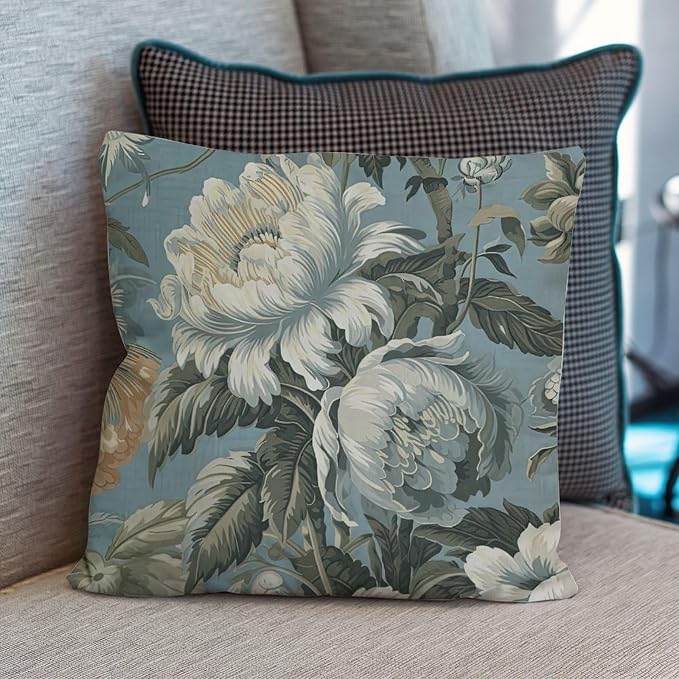 Spa On Flax Blue Chinoiserie Cushion Cases Grey Peony Asian Throw Pillow Cover Modern Square Couch Sofa Cushion Covers for Outside Couch Chair Patio 26x26 in