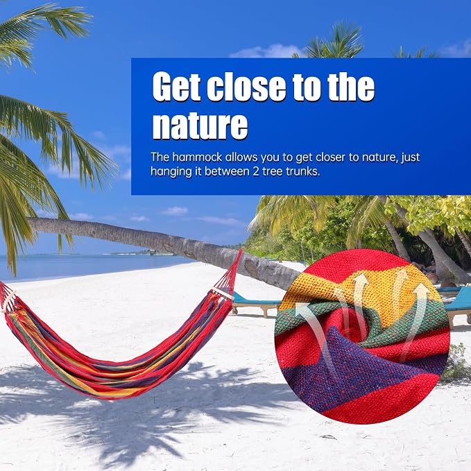 KALLORY Outdoor Striped Canvas Camping Hammock with Curved Rod and Duckbill Buckle, Single Portable Travel Hammock 190x150cm with Hanging Ropes and Storage Bag for Hiking and Backyard Use