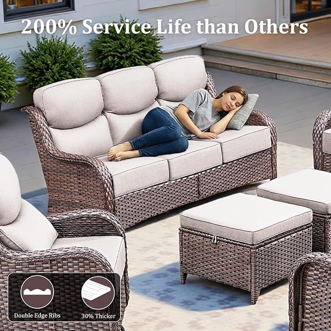 Luxury High Back Patio Furniture Set with 6-Inch Thick Cushions, 7-Pieces Outdoor Furniture with Swivel Chairs, Wicker Conversation Set for Porch, Balcony, Deck and Yard, Brown/Beige