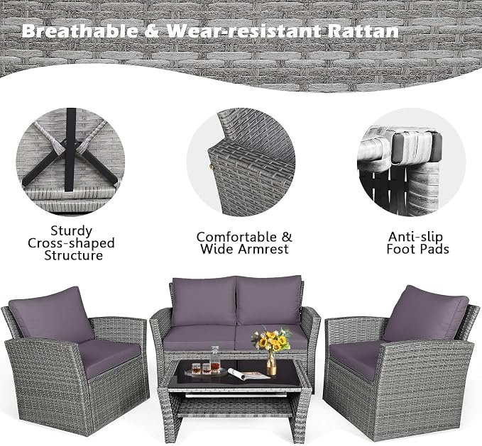 RELAX4LIFE 4-Piece Patio Conversation Seat - Wicker Sofa Set w/Seat & Back Cushions, Coffee Table w/Tempered Glass Tabletop, Outdoor Rattan Sofa Set for Backyard, Porch (Grey)