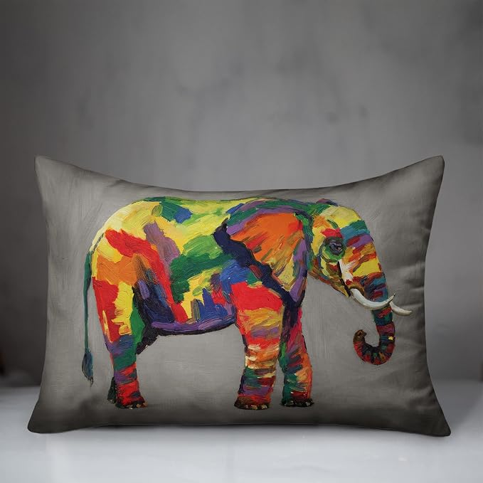 Bright Elephant on Gray Indoor/Outdoor Pillow | Decorative Pillows for Living Room Couch Bed Sofa Patio, Fluffy Soft Cushion | Water Resistant Multi, 14x20