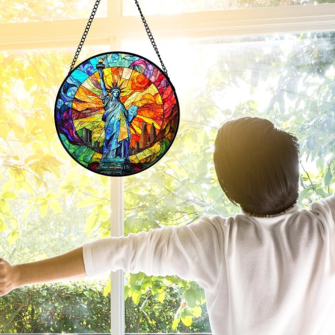 DASTOLL Stained Glass Window Hanging, Statue of Liberty Sun Catchers Diamond Glass Panel Hangings Suncatcher Decor for Birthday for Women, Men, Wife, Aunt, and Mom 7.8x7.8 in