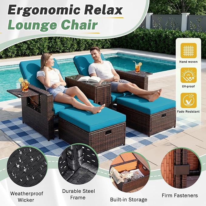 LVUYOYO 5 Piece Patio Furniture Set, Patio Wicker Conversation Set with Ottoman, Outdoor Chaise Lounge Chair with Side Table & Adjustable Backrest for Pool Backyard Garden (Brown Wicker Green Cushion)
