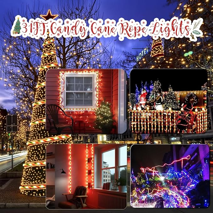 Vigdur Candy Cane Rope Lights Outdoor, 33FT 216 LEDs Christamas Rope Lights | Connectable And Flexible Clear Tube, IP65 Waterproof, Christmas Rope Lights for Patios Gardens Parties And Christmas Décor