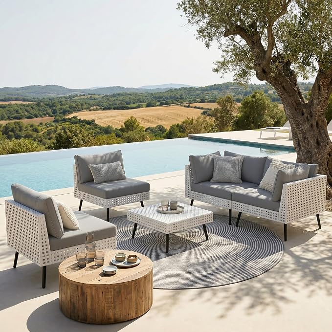 5 Piece Patio Furniture Sets, Modular Patio Sectional Conversation Sets with Upgraded Cationic Fabric Cushions & Outdoor All-Weather Handwoven Open Weave Wicker for Garden, Poolside, Backyard