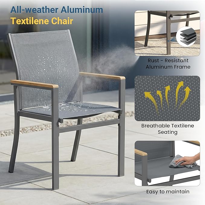 7-Pieces Aluminum Patio Table and Chairs Set, Outdoor Patio Furniture Set with Heavy Duty HDPS Rectangular Table, All-Weather Outdoor Dining Set with Breathable Quick-Drying Textilene Chairs