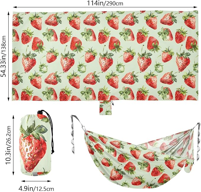 Camping Hammock Outdoor Hammocks for Outside Strawberries Light Green Beach Trees Portable Lightweight with Pockets Tree Straps Indoor Small