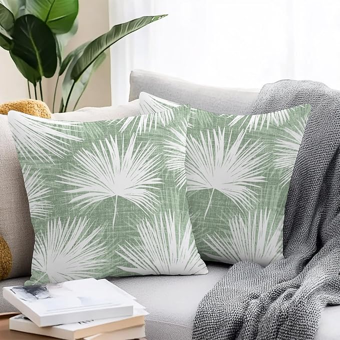 Throw Pillow Covers 26x26 Inch Set of 2, Sage Green Palm Leaves Coastal Waterproof Outdoor Pillow Covers, Summer Tropical Botanical Decorative Cushion Pillowcases for Couch, Sofa, Bed, Garden, Patio
