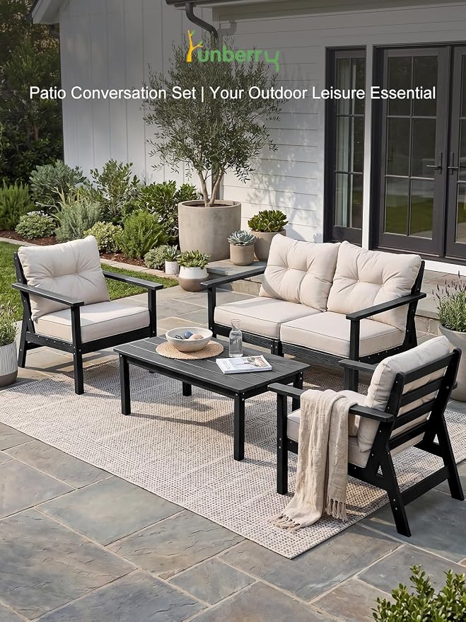 HDPE Patio Conversation Set 5 Seats, Outdoor Furniture Set, Patio Sofa Set | Water-Resistant Thick Cushion, HDPE All Weather, Wood-Grain, No Rot or Rust or Crack, UV Fade Shield, Easy-Clean for Outside