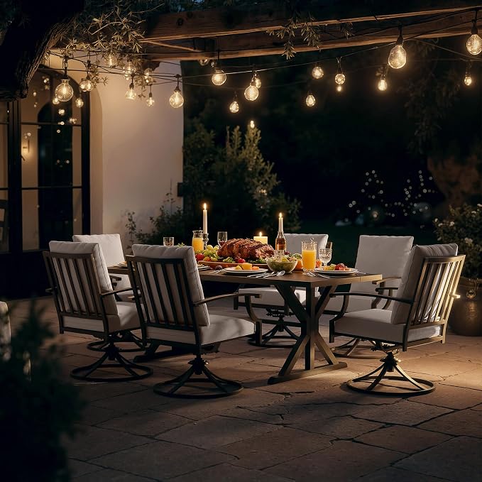 Kullavik 7 Pieces Outdoor Dining Set,Patio Dining Table and Chairs Set for 6,Fence Pattern Back Swivel Chairs with Thickened Cushions & X-Frame Metal Dining Table with Umbrella Hole for Patio,Sand