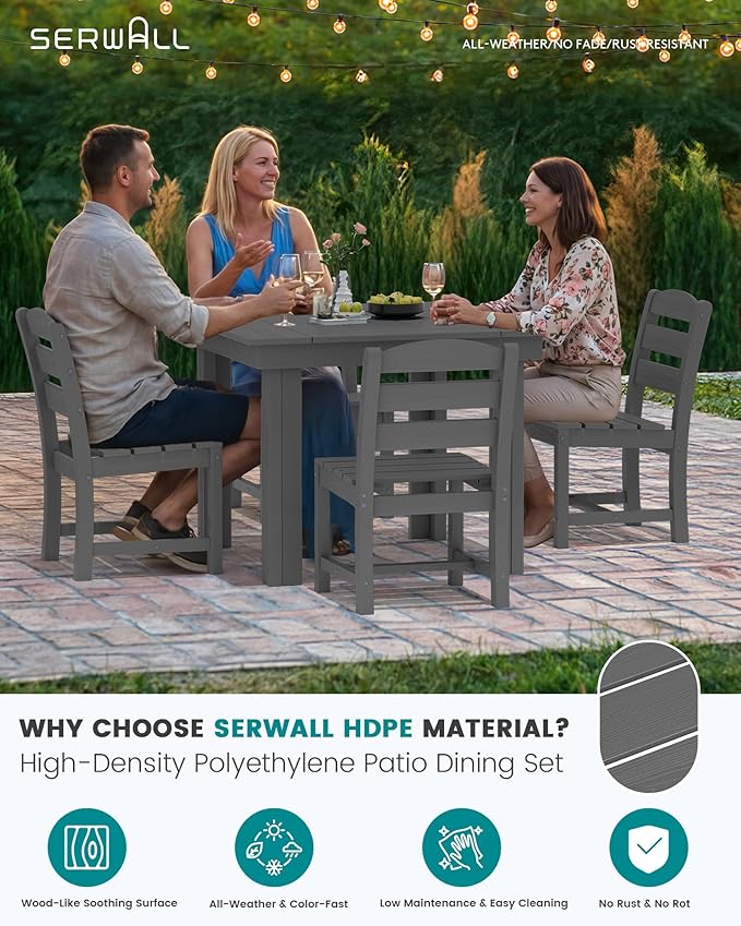 SERWALL Outdoor Dining Set for 4, HDPE Square Table and Chairs Set All Weather Patio Dining Set with 4 Armless Chairs for Patio, Gray