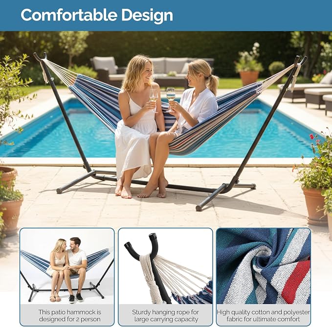Portable Outdoor Polyester Hammocks Set,Professional Hammock Stand,Outdoor Patio Hammocks,Indoor Swing Hammock Chair Set,with Carry Bag,for Outside Patio Porch Beach Backyard (Blue & Purple)