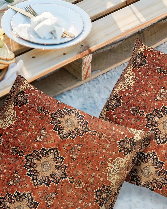 Southwest Outdoor Pillow Covers Waterproof, All Weather Cushion Case Set of 2, Geometric Stripe Boho Native Flower Print Decorative Pillowcases for Sofa Couch Bed Decor Patio Furniture 24"x24"