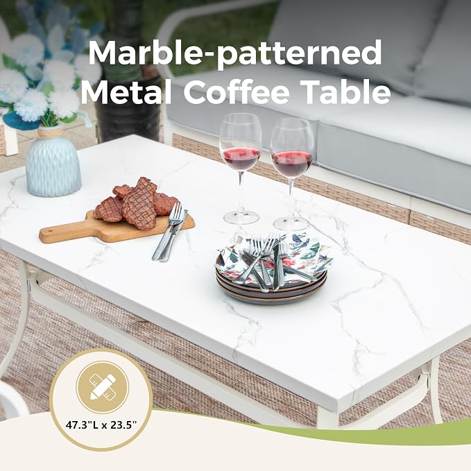 MIXPATIO 5 Piece Patio Furniture Set, 2 x Fixed Chair, 1 x 2-Seat Sofa, 1 x 3-Seat Sofa with Marbling Coffee Table, 7 Seats Outdoor Conversation Set for Lawn Garden Backyard, Light Gray