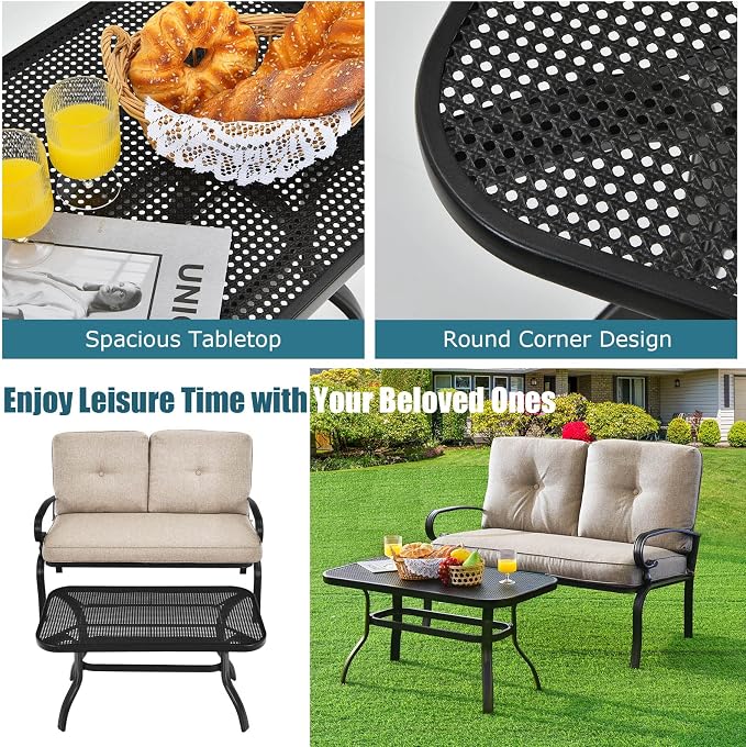 Tangkula Patio Loveseat with Table Set, 2 Seat Cushioned Sofa with Coffee Table, Patio Conversation Sofa Set with Rustproof Frame, 2 Pieces Outdoor Furniture Set for Garden, Poolside, Balcony (Beige)